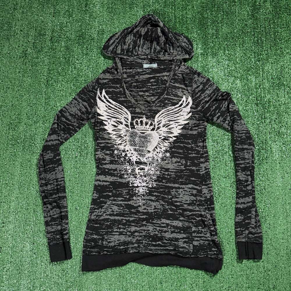 Y2K Womens Warehouse One Black and Grey Wing Print Zip Hoodie XS